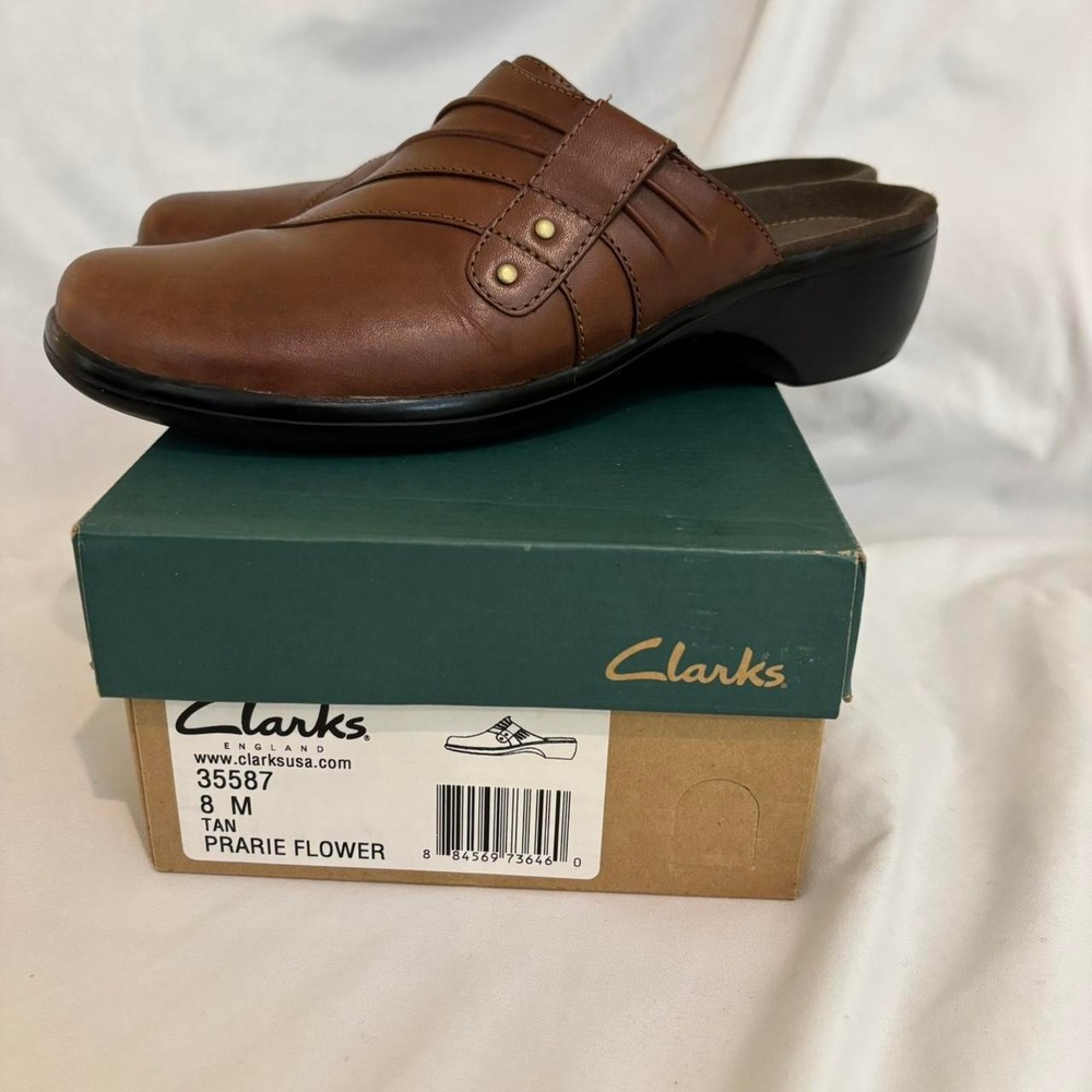 Brown Camel Tan Leather Clogs Folded Design Clarks Prairie Flower Sz 8 Boho